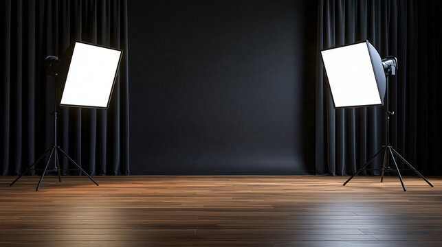Photo studio interior with black curtains, wooden floor, and bright softboxes. Ideal for professional photography background concept.
