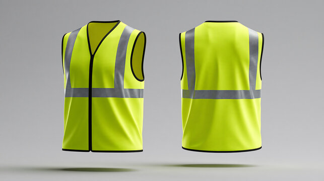 Front and back view of a high visibility safety vest isolated on a grey background. This mockup illustrates construction workwear for industrial safety advertising concepts.