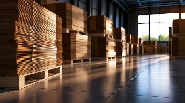 Stacks of corrugated cardboard on pallets in a sunlit industrial warehouse. Ideal for supply chain and logistics business presentations.