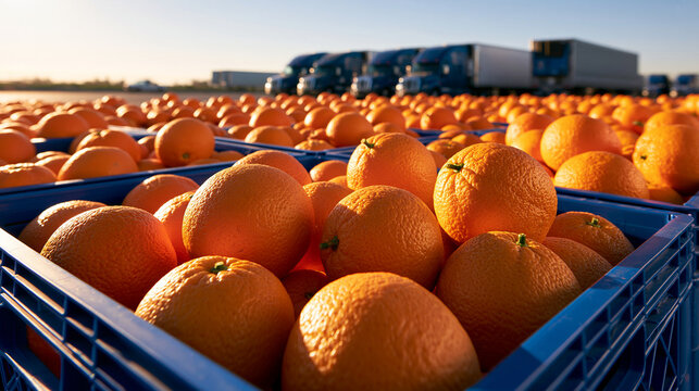 Fresh oranges fill blue crates with transport trucks waiting in the background under morning sunlight. Ideal for agricultural export and food supply chain concepts.