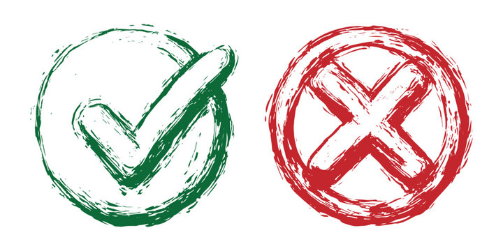 Grunge style green check mark and red cross symbols validation concept vector illustration.