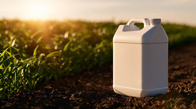 White plastic canister stands on soil in a green agricultural field at sunset. Ideal for agrochemical product mockup and farming trade advertising.