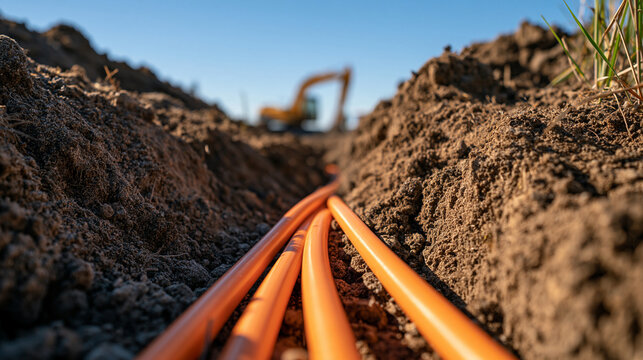 Orange fiber optic cables laid in an open earth trench at a construction site. Infrastructure development concept for telecommunications industry connectivity.