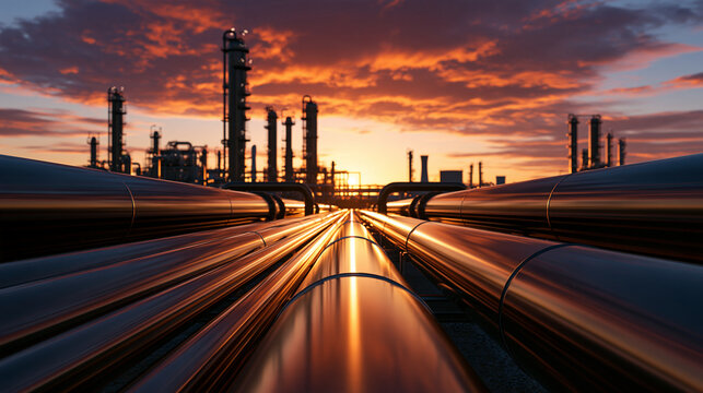 Industrial oil pipelines stretch towards an oil refinery plant silhouetted against a dramatic sunset sky. Ideal for energy sector and fuel supply concepts.