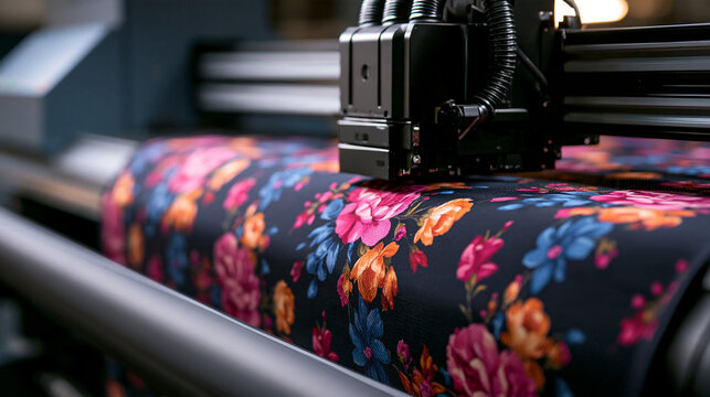 A modern digital machine prints a colorful floral pattern on fabric in a factory. Ideal for fashion design and textile manufacturing concepts.