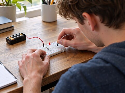Teenage boy focused on building a simple electronic circuit with an LED on a breadboard, demonstrating STEM education and hands-on learning with wires and batteries on a wooden desk