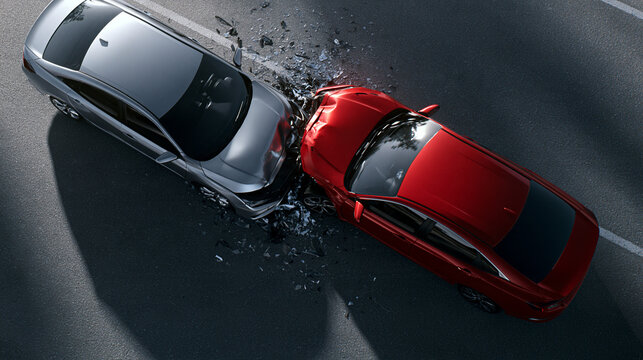 Aerial view of a red and silver car collision on a paved road. This scene represents insurance claim concepts and road safety education.