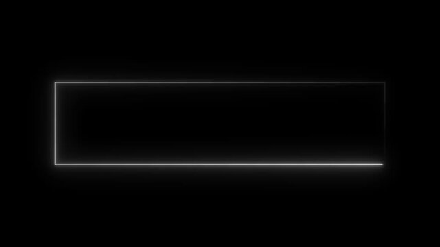 White neon glowing wide rectangular frame animation on black background with soft luminous border and large empty center for text titles banners and motion graphics