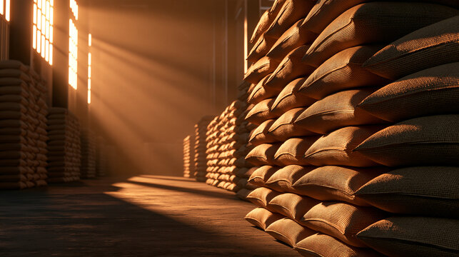 Stacked sacks of grain inside a dim warehouse with dramatic sunlight rays. Perfect for supply chain management and agricultural industry concepts.