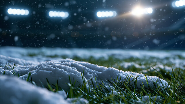 Snow falling on a professional stadium grass field at night under bright arena lights. This image represents winter sports competition or a challenging weather event.