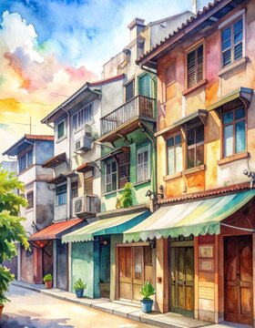 Watercolor painting of colorful European street building facade with awnings