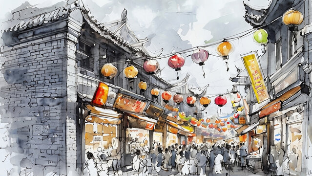Bustling Ancient Chinese Market Street Scene with Traditional Colorful Lanterns
