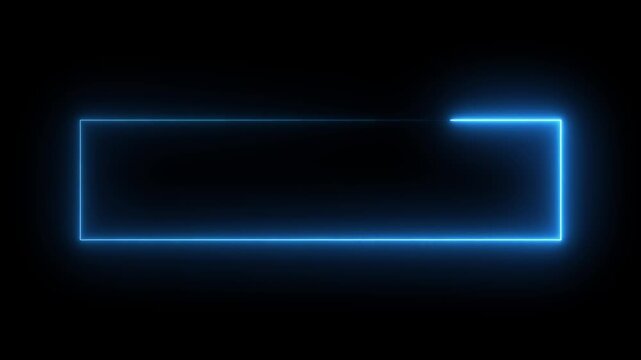 Electric blue neon wide rectangular frame animation on black background with glowing border and large empty center for banner titles text overlay and motion graphics