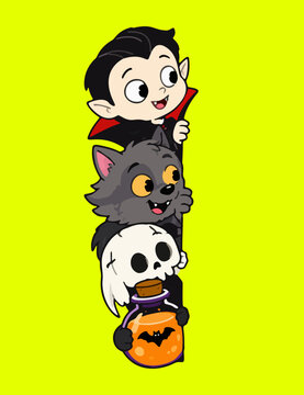 Halloween Peeking Characters Vector Illustration with Cute Vampire, Werewolf, Skull, and Bat Potion Bottle   