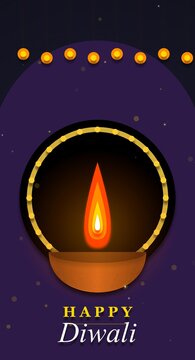 Diwali greeting card with burning diya lamp and glowing lights