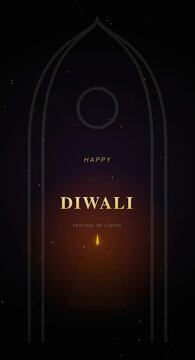 Happy Diwali Festival of Lights Greeting Card Design with Golden Text and Arch Silhouette