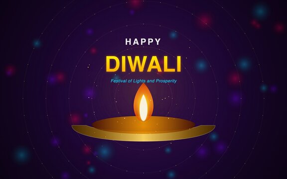 Happy Diwali festival greeting card with glowing oil lamp and abstract dark background