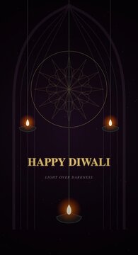 Happy Diwali greeting card with glowing diya lamps and sacred geometry on dark background