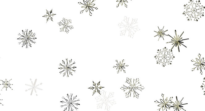 Stylized metallic snowflakes scattered on black, perfect for winter, Christmas, or New Year designs.