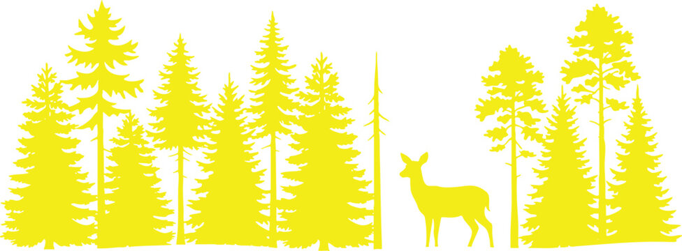 Yellow pine forest silhouette with deer wildlife on white background