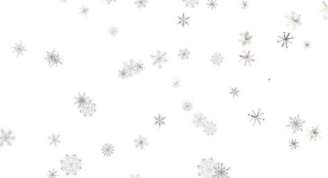 Various white and grey snowflakes falling against a dark, black background.