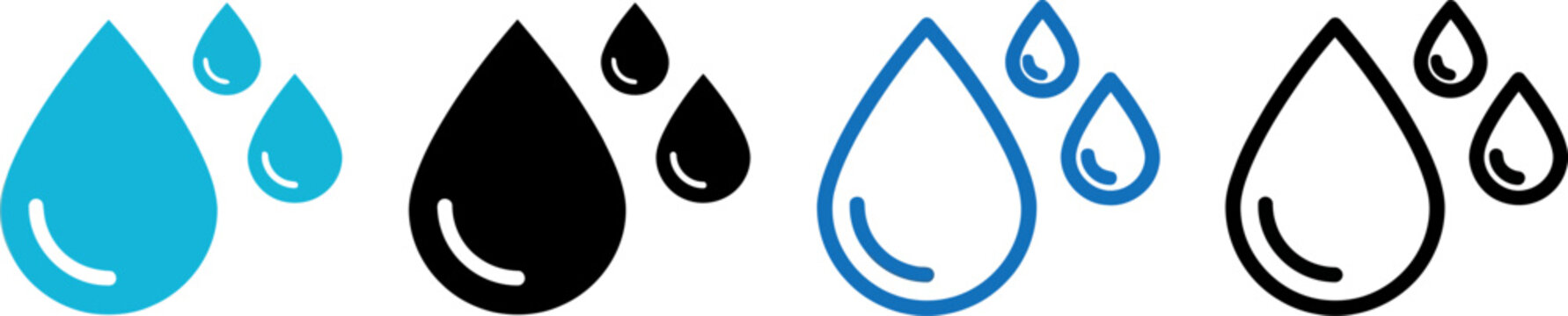 Vector illustration set of water and liquid drops featuring solid fill and outline styles in cyan blue, solid black and blue outline color variants