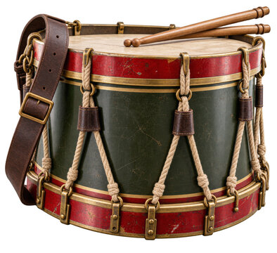 Vintage military marching drum with drumsticks