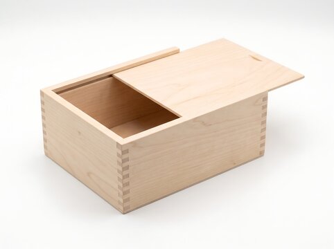 Unfinished Maple Wooden Gift Box with Partially Open Sliding Lid on White Background