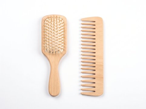 Natural Beechwood Paddle Hairbrush and Wide-Tooth Wooden Comb on White Background