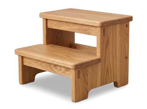 Compact Two-Step Oak Wooden Stool with Rounded Edges Isolated on White Background
