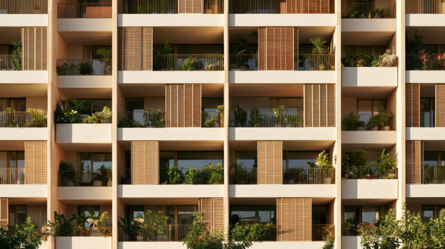 Contemporary apartment building facade with planted balconies and warm architectural details