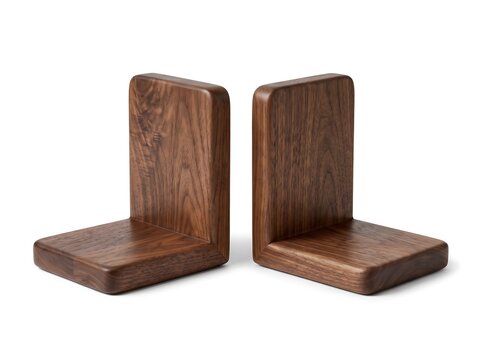 Pair of Solid Walnut L-Shaped Wooden Bookends with Rounded Edges Isolated on White Background