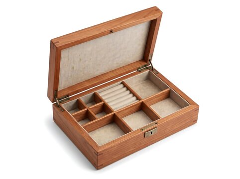 Premium Cherrywood Jewelry Box with Open Hinged Lid and Beige Linen Compartments Isolated on White Background
