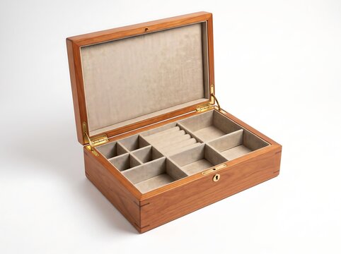 Premium Cherrywood Jewelry Box with Open Hinged Lid and Beige Linen Compartments Isolated on White Background