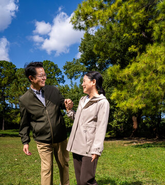Happy mature Asian couple holding hands, walking and enjoying leisure time together in green park on sunny day, happy marriage, senior love

