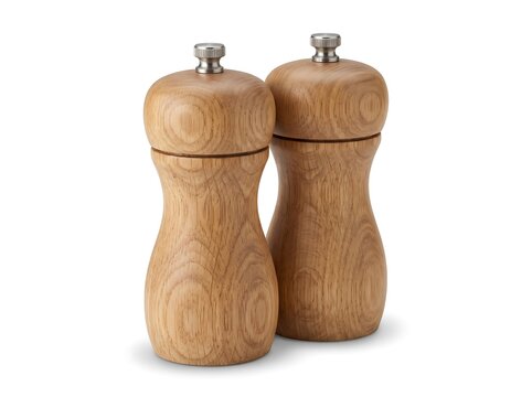 Matching Turned Oak Salt and Pepper Mills with Brushed Metal Knobs Isolated on White Background
