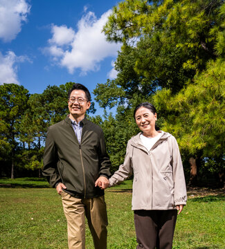 Happy mature Asian couple holding hands, walking and enjoying leisure time together in green park on sunny day, happy marriage, senior love
