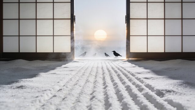 Shoji screens framing snowy view toward glowing sun with birds standing near tracks, AI-generated