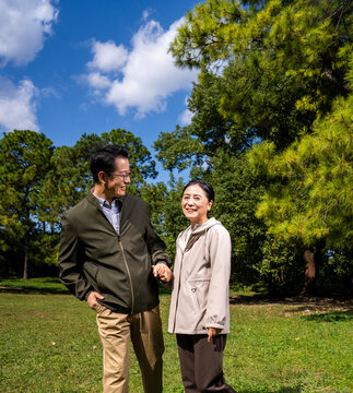 Happy mature Asian couple holding hands, walking and enjoying leisure time together in green park on sunny day, happy marriage, senior love
