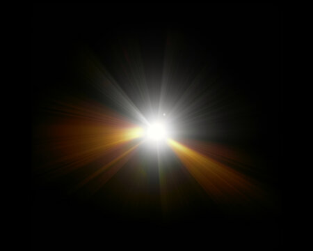 Bright glowing star light flare effect against black background with lens beam of starburst effe