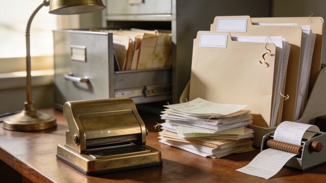 Wooden desk holding brass hole punch, folders and adding machine under lamp light, AI-generated