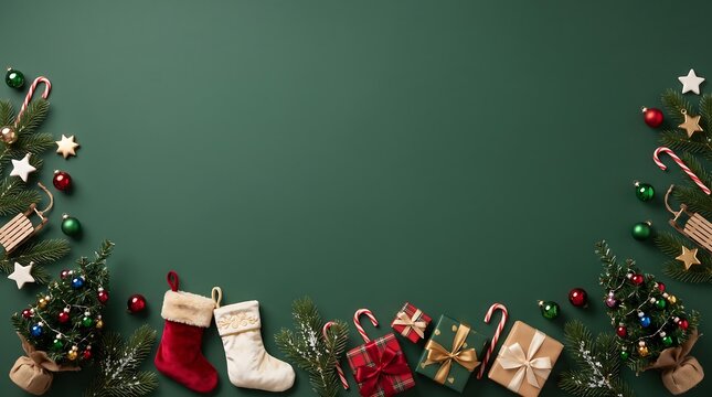 Flat lay christmas background with decorated fir trees and presents on a green surface