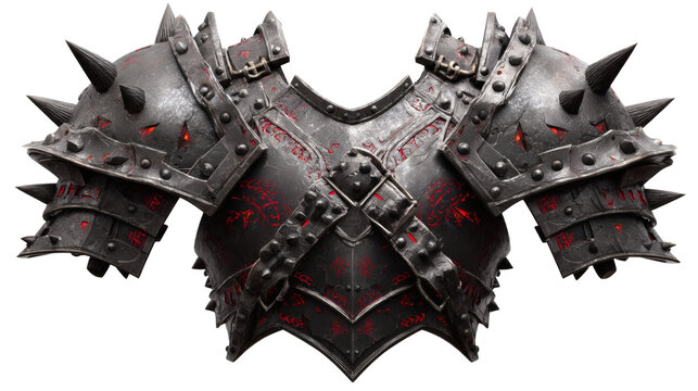 demonic armored chest piece with spiked pauldrons, blackened metal