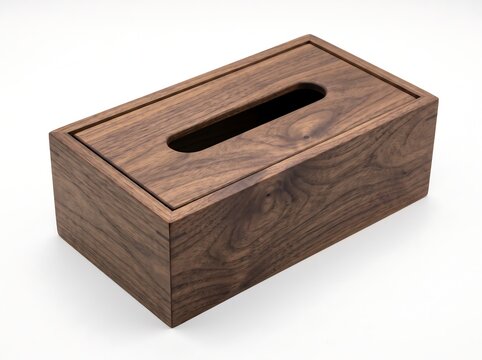 Rectangular Walnut Wooden Tissue Box Cover with Removable Lid and Rounded Dispensing Slot Isolated on White Background