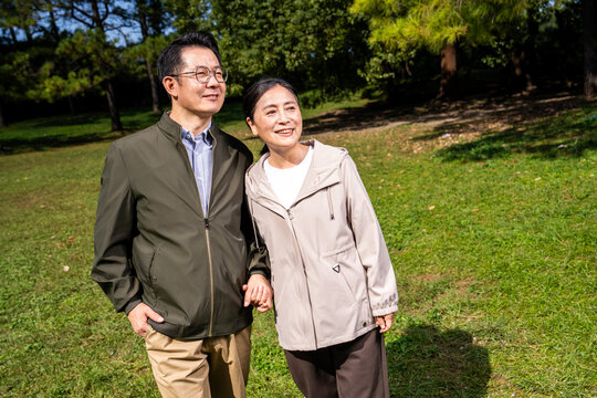 Happy mature Asian couple holding hands, walking and enjoying leisure time together in green park on sunny day, happy marriage, senior love
