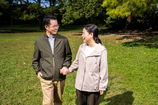 Happy mature Asian couple holding hands, walking and enjoying leisure time together in green park on sunny day, happy marriage, senior love

