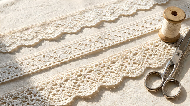 White lace trim ribbons with metal scissors and a small spool of light green sewing thread