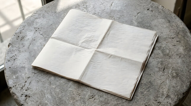 Open blank sketchbook with white pages lying on a round gray concrete table surface in a studio