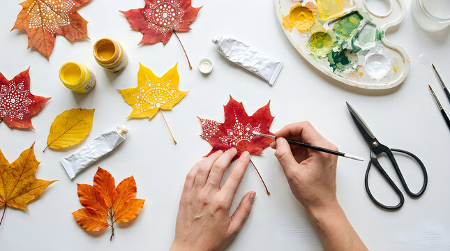 Person painting colorful patterns on autumn maple leaves with a small brush and acrylic paint
