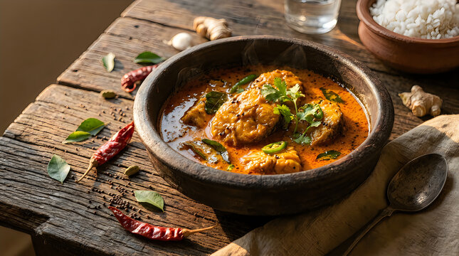 Spicy fish curry served in a clay bowl on a rustic wooden table with fresh herbs and spices